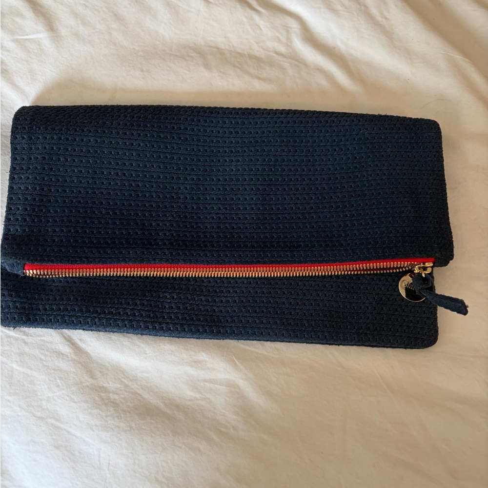 Clare V Navy Suede Fold-Over Clutch with Red Trim